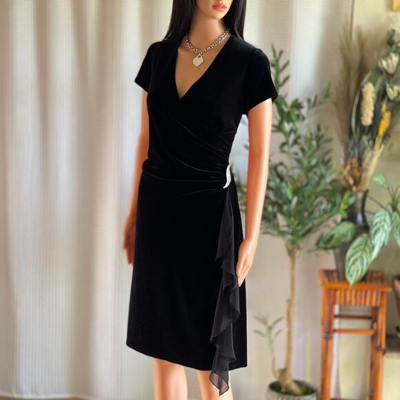 Vintage 90s Jessica Howard Black Velvet Faux Wrap Dress Made in Hong Kong Sz 14P - Picture 2 of 8